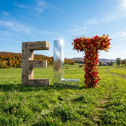 Wood 'E', Silver 'L', Leaf 'T' on Grass Field