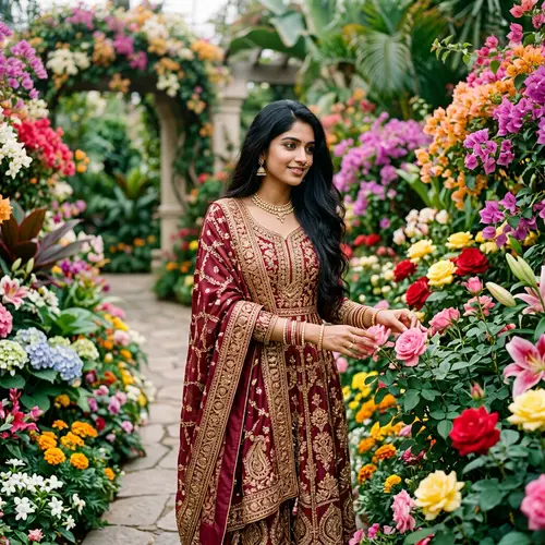 Visually Stunning South Asian Woman in Vibrant Garden