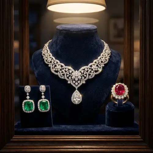 Exquisite Diamond Necklace, Emerald Earrings & Ruby Ring | Luxury Jewelry Display