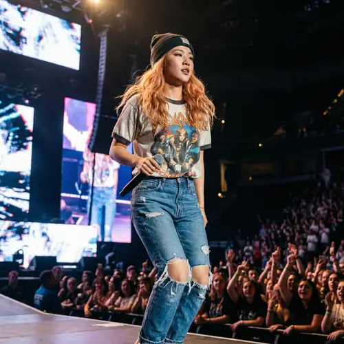 Energetic East Asian Woman Performing on Concert Stage
