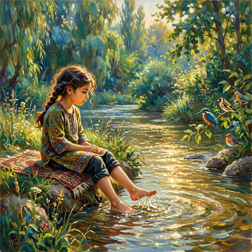 Tranquil Scene: Young Girl by River Amid Birds and Trees