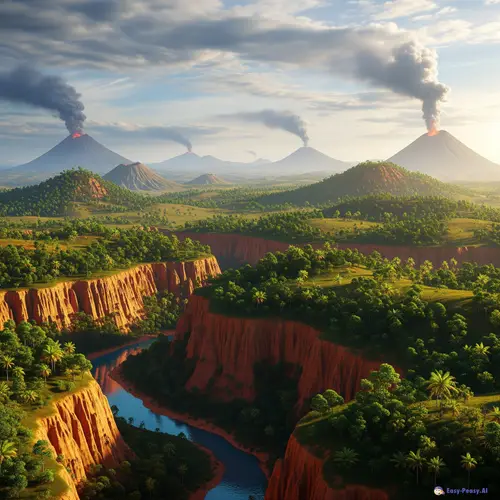 Majestic Canyons with Orange Sands and Smoke-Emitting Volcanoes