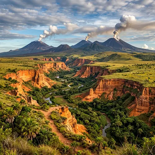 Majestic Canyons with Orange Sands and Smoke-Emitting Volcanoes