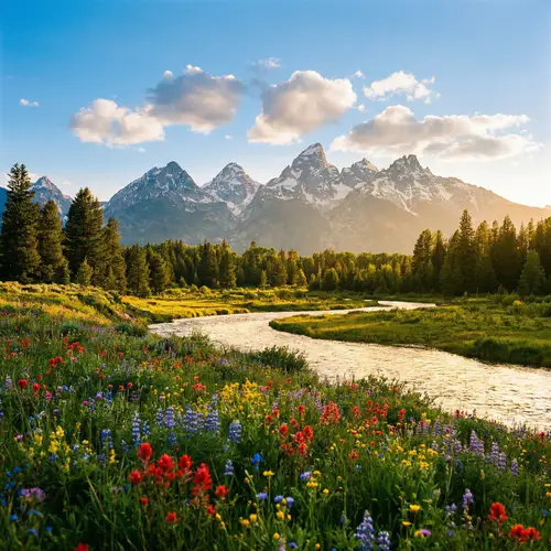 Serene Landscape View - River, Forest & Mountains