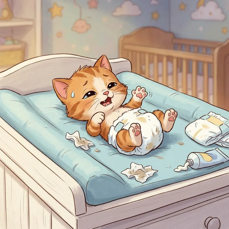Newborn Kitten with Milk Tooth in Diaper | Adorable Cartoon Characters