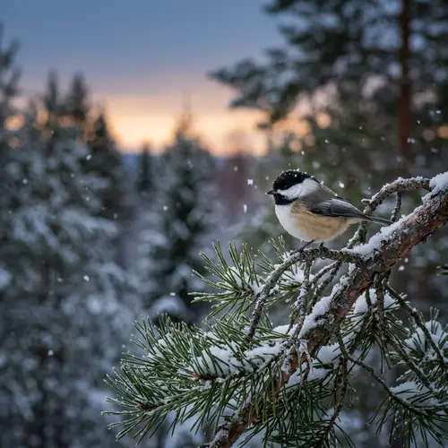 Chickadee Perched on Pine Branch - Winter Nature Scene
