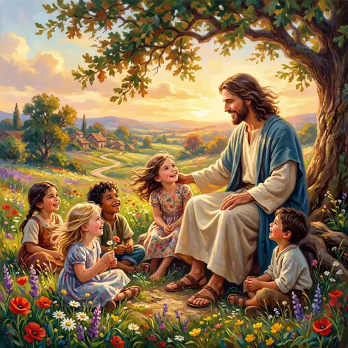 Jesus Christ Smiling Under a Colorful Tree
