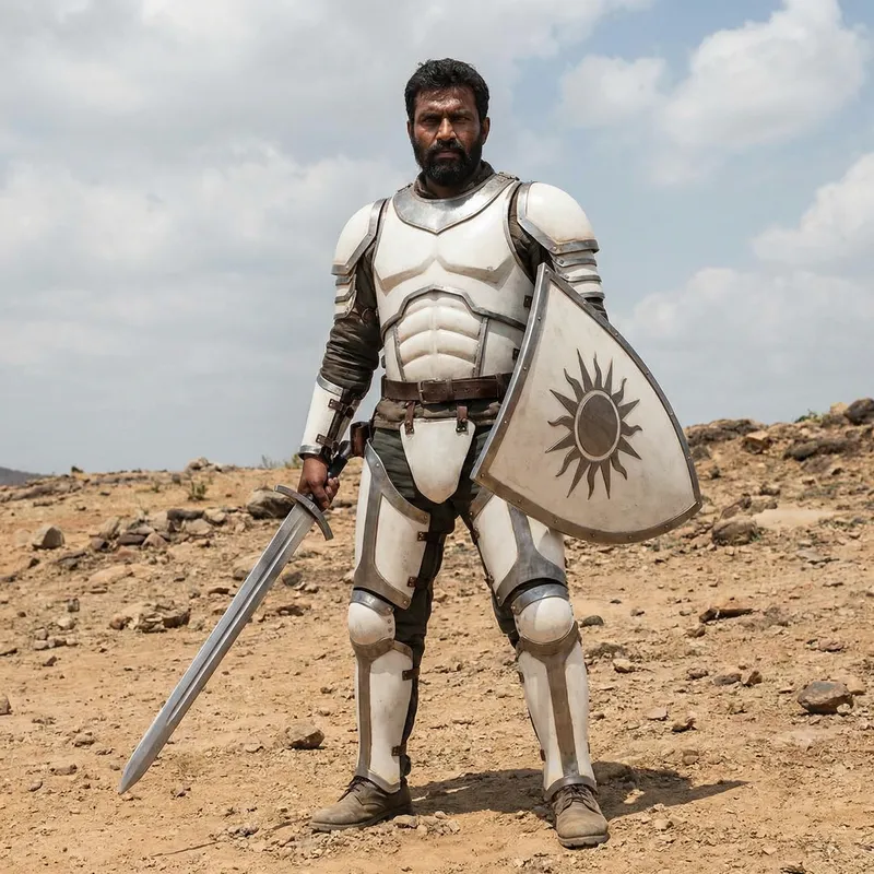 Strong Warrior in White Armor with Sword and Shield
