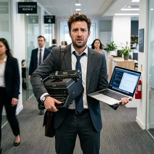 Confused Man in Corporate Suit with Typewriter & Laptop