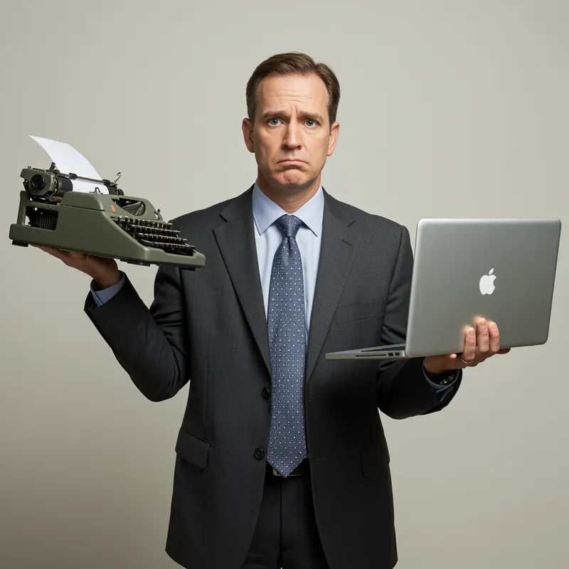 Confused Man in Corporate Suit with Typewriter & Laptop