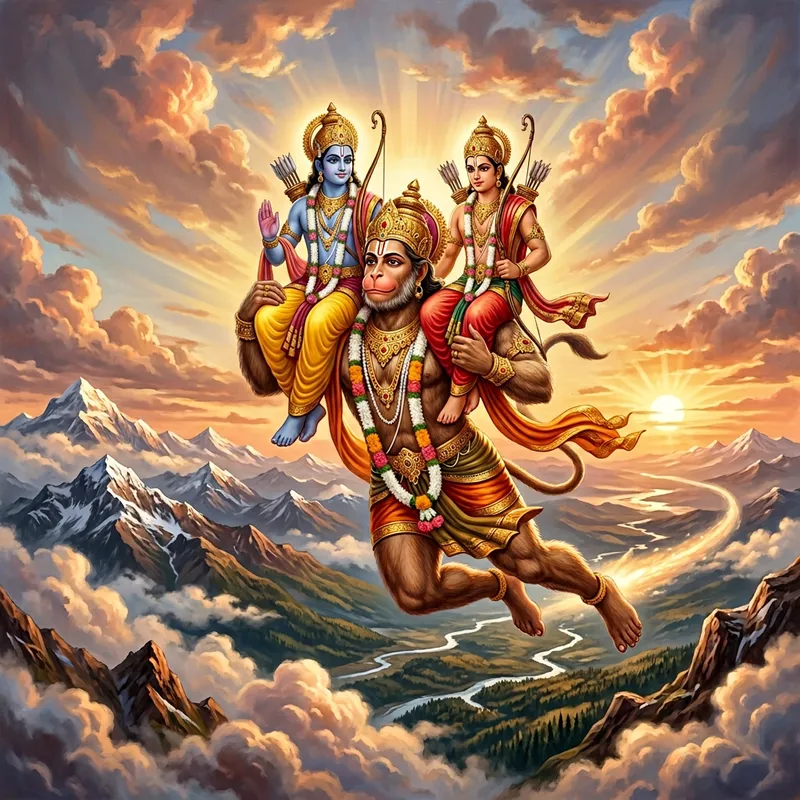 Hanuman Ji Flying with Ram and Lakshman