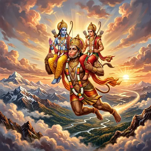 Hanuman Ji Flying with Ram and Lakshman