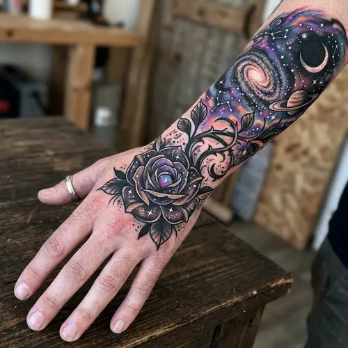 Elegant Rose Hand Tattoo for Space Sleeve Design