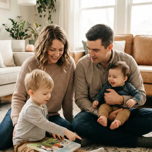 Beautiful Family Scene with Mother, Father, and Two Boys
