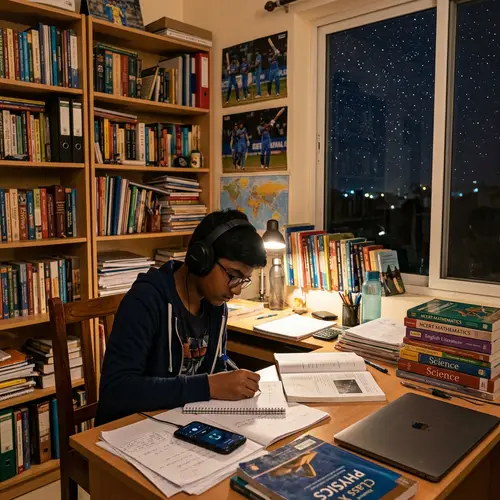 South Asian Boy Studying with Books and Headphones | Night Sky View