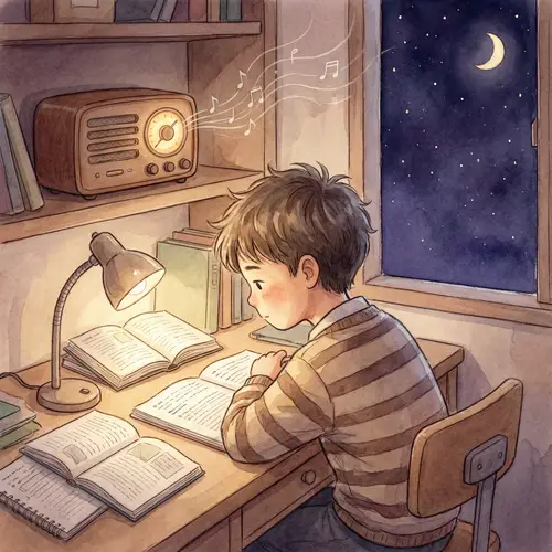 Young Asian Boy Studying with Vintage Radio Background