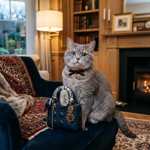 Elegant Female Cat Posing with Designer Handbag