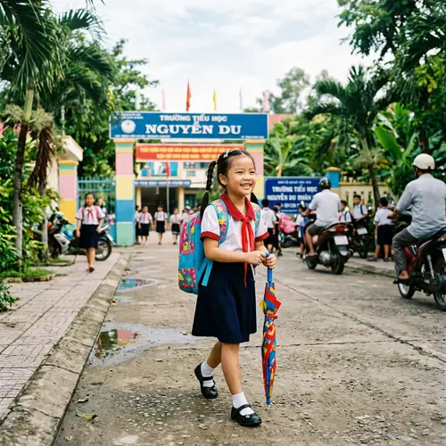 Tuyet Walking to School with Colorful Backpack and Umbrella | Educational Day