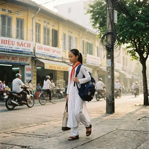 Vietnamese Schoolgirl Tuyết Heading to School Alone