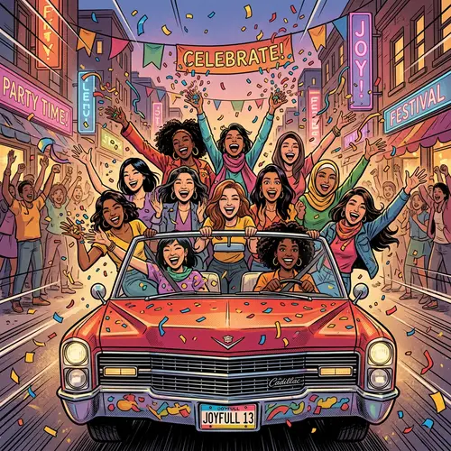 Joyful Car Celebration: 13 Multicultural Women Tossing Confetti