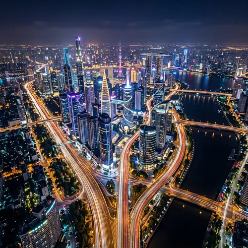 Futuristic City Skyline at Night - Drone's Perspective