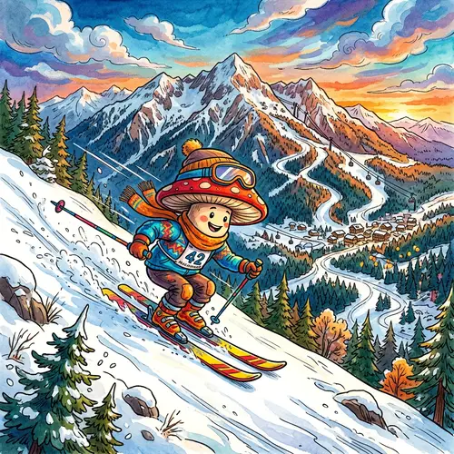 Whimsical Mushroom Skier Illustration