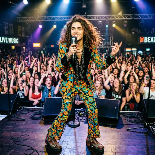 Charming Young Man Singing on Stage in Stylish Attire