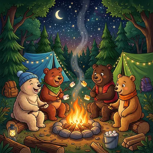 Adolescent Cartoon Bears Roasting Marshmallows at Camp