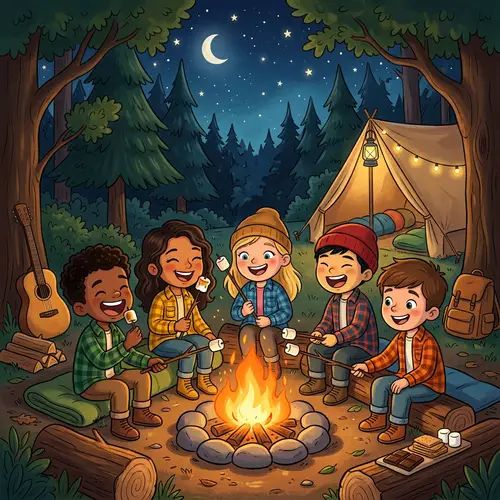 Diverse Children Camping Adventure: Excitement Under Starry Sky