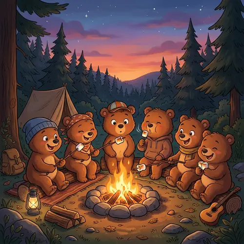 Cartoon Brown Bears Enjoying Campfire at Dusk
