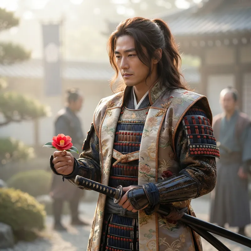 Tranquil Dao Warrior with Flowing Brown Hair, Sword, and Flower