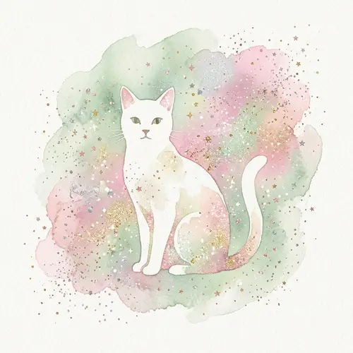 Contemporary Cat Art: Glittering Watercolor Cat in Light Green & Pink
