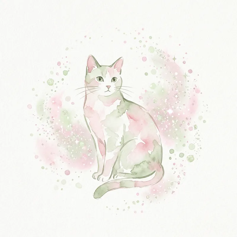 Simplistic Cat Art with Light Green & Pink Hues