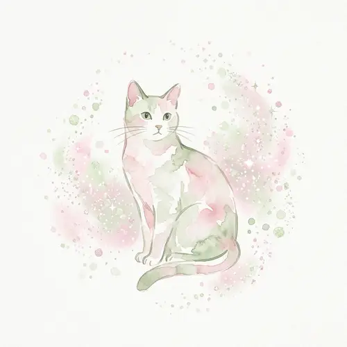 Contemporary Cat Art: Light Green & Pink Watercolor Sparkle Design