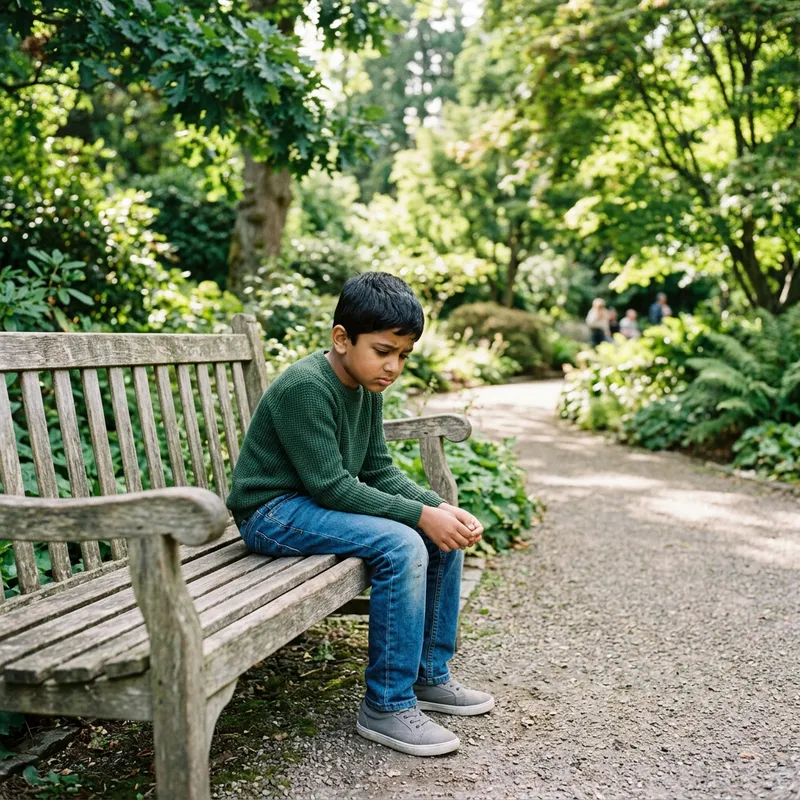 Sad Little Boy Seated on Park Bench