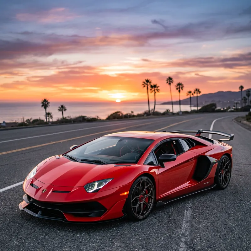 Vibrant Red Lamborghini | Stunning Sunset Scene