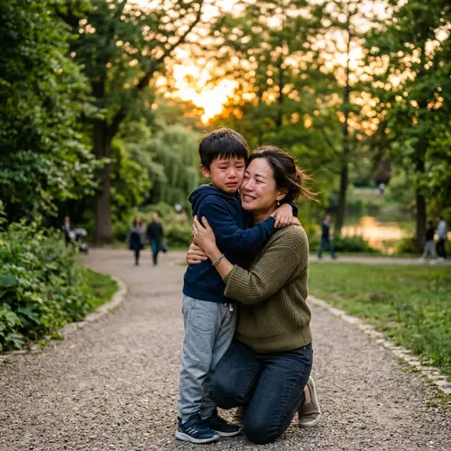 Emotional Asian Boy Embracing Mother Outdoors | Sunset Park Scene