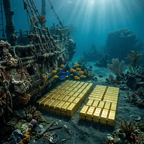 Gold Bars Next to Sunken Ship on Seabed