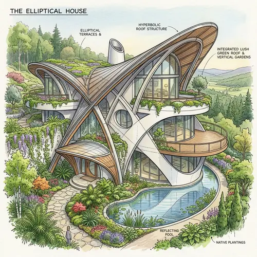 Architectural Illustration of Geometric House Exterior and Lush Plants