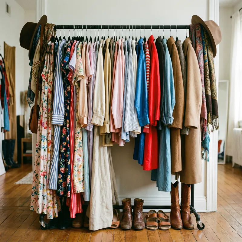 Fashion Collection: Dresses, Shirts, Pants & Coats on Clothes Rack