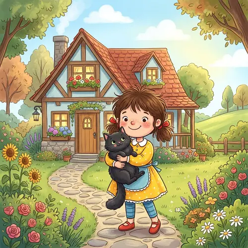 Cartoon Girl with Black Cat and House Image