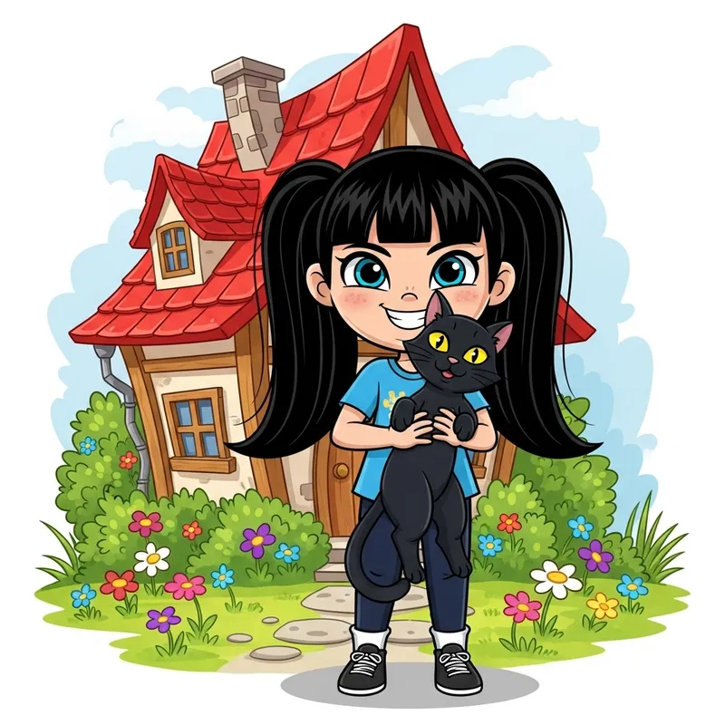 Cartoon Girl with Black Cat and House Image