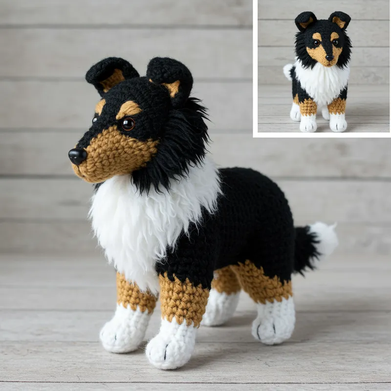Häkelanleitung für Collie Kuscheltier in Schwarz Weiß Braun