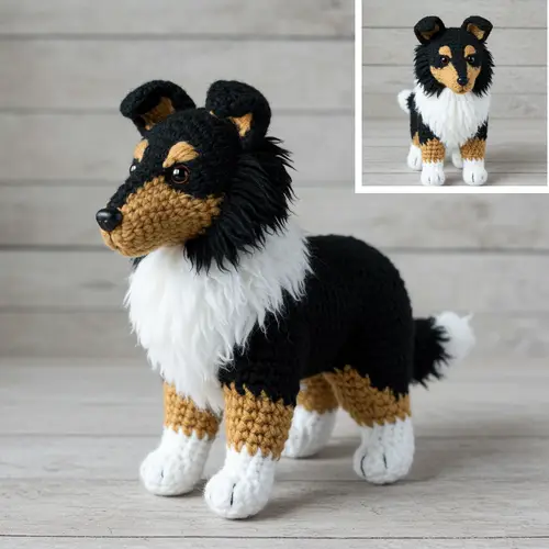 Häkelanleitung für Collie Kuscheltier in Schwarz Weiß Braun