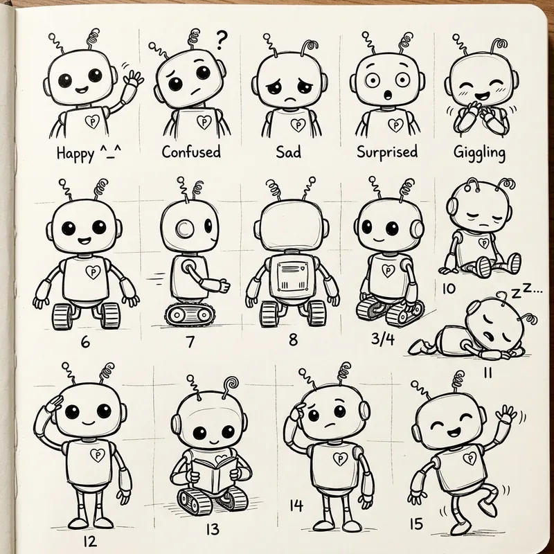Consistent Cute Robot Character: Multiple Poses & Expressions