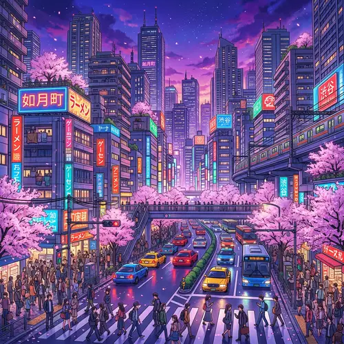 Anime 4k Cityscape with Vibrant Neon Lights and Sakura Trees