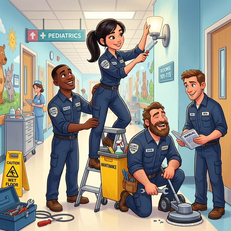 Disney Style Clinic Maintenance Team Illustration Disney Style Clinic Maintenance Team Illustration