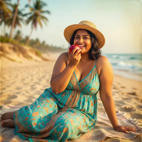 Curvaceous Woman Enjoying Apple on Sun-Kissed Beach | Summer Vibes