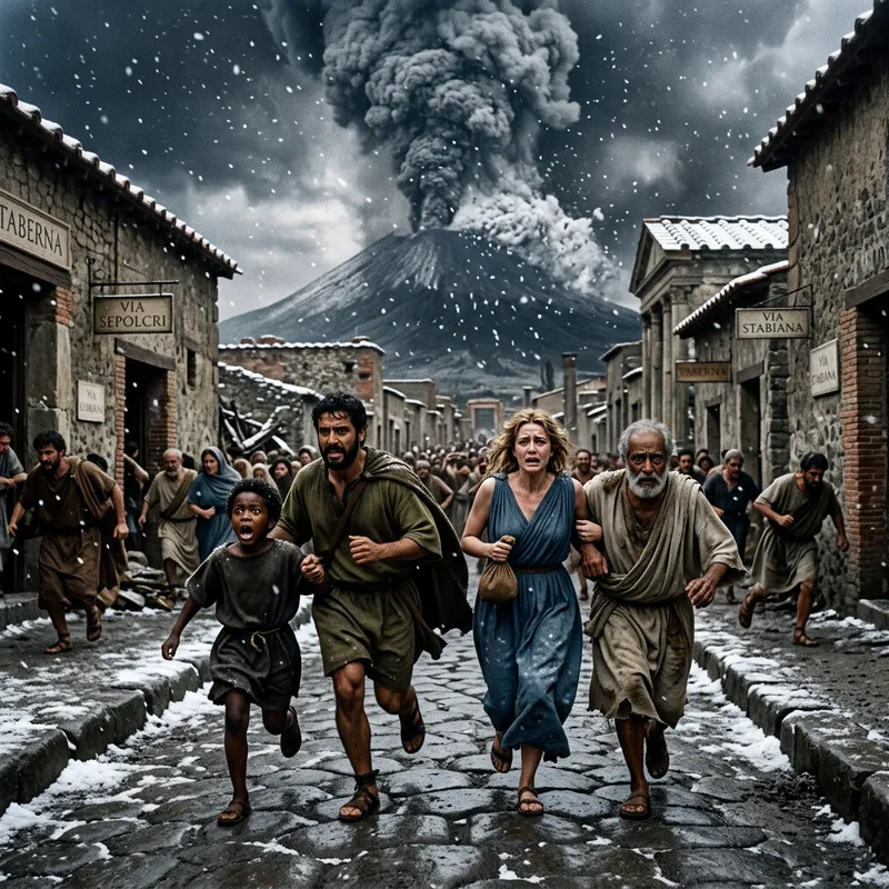 Dramatic Pompeii Escape: Snow-Covered Volcano Scene
