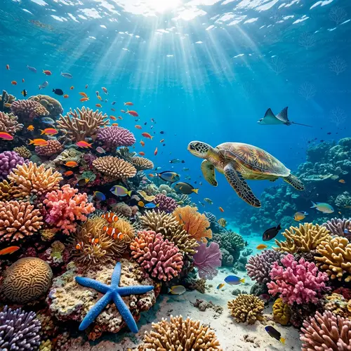 Colorful Coral Reef and Marine Life Underwater Scene